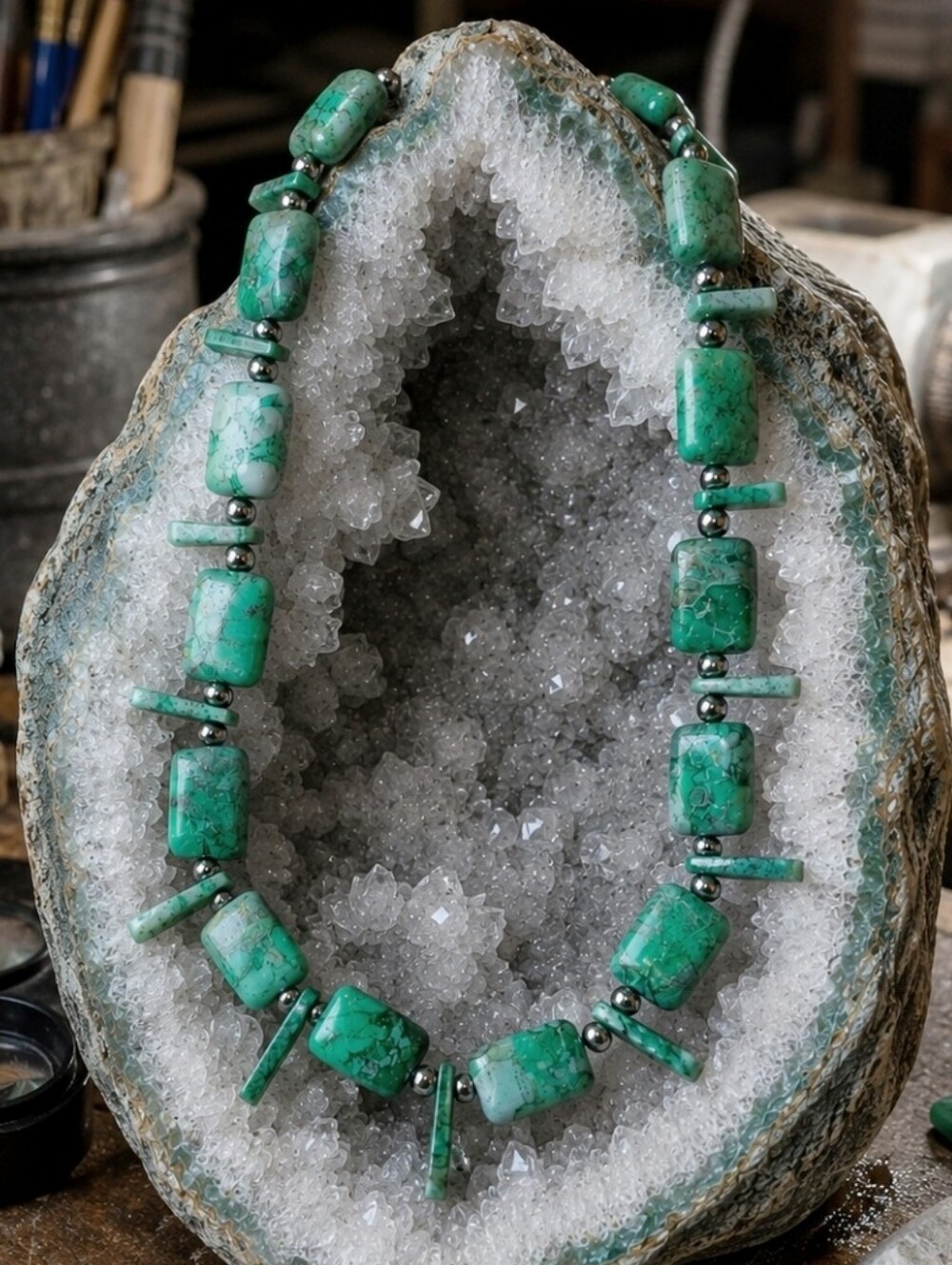Green Jade Color Gray Variegated Mottled Square Paddle Stone Vintage Necklace